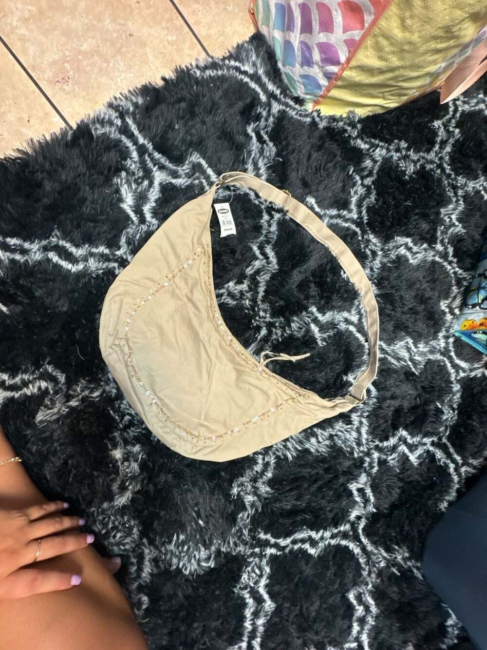 Old Navy Beige Crescent Shoulder Bag with Sequin Detail
